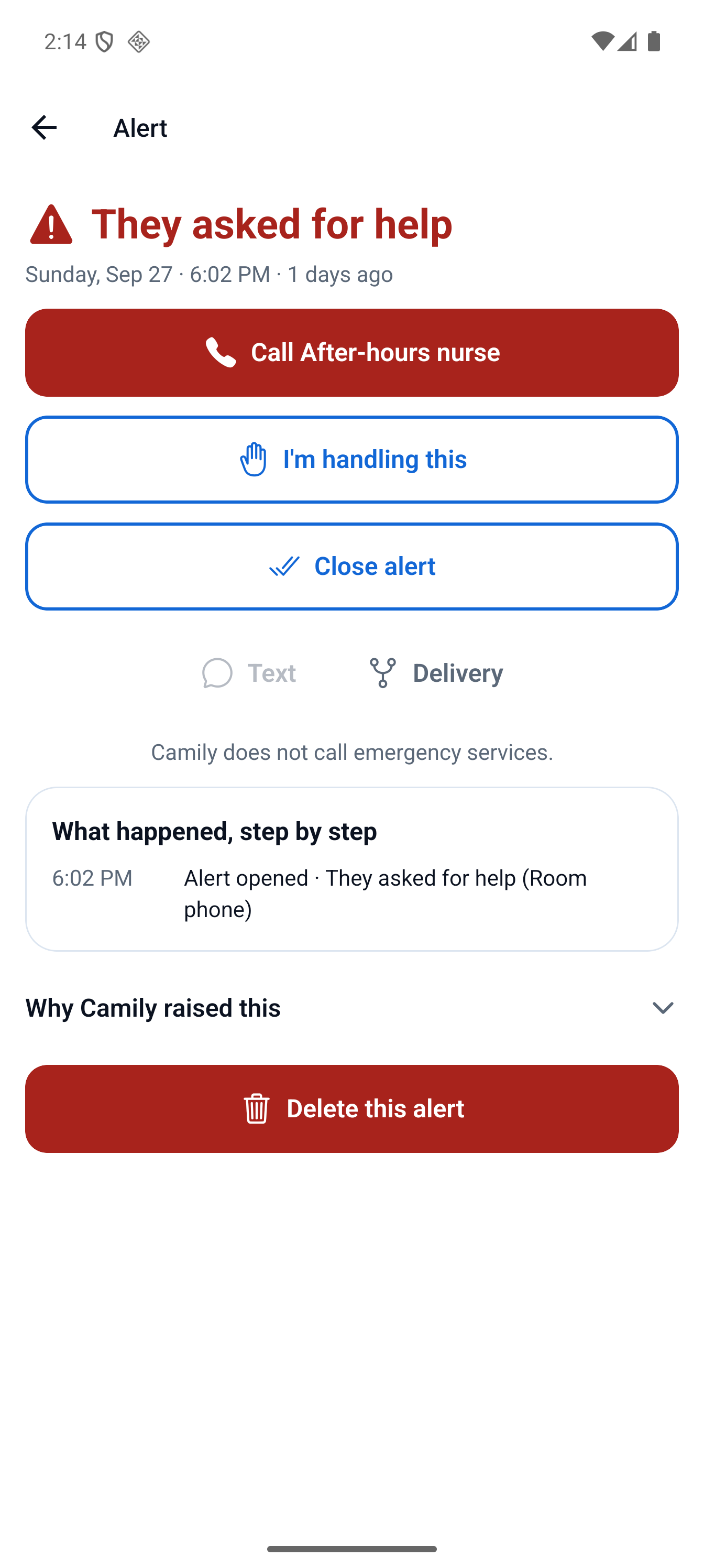 Alert detail showing a possible-fall event with respond options